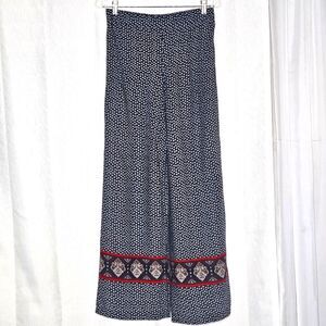 Maurices Navy Blue & White Geometric Boho Elastic Waist Flowing Wide Leg Pants